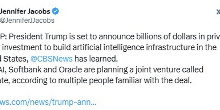 CBS: Pres. Trump to announce private sector investment in AI infrasture