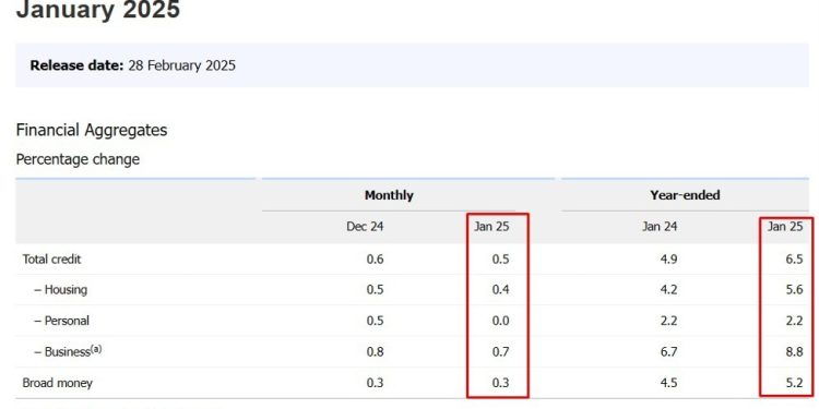 Australian Private Sector Credit (January 2025) +0.5% m/m (prior + 0.6%)