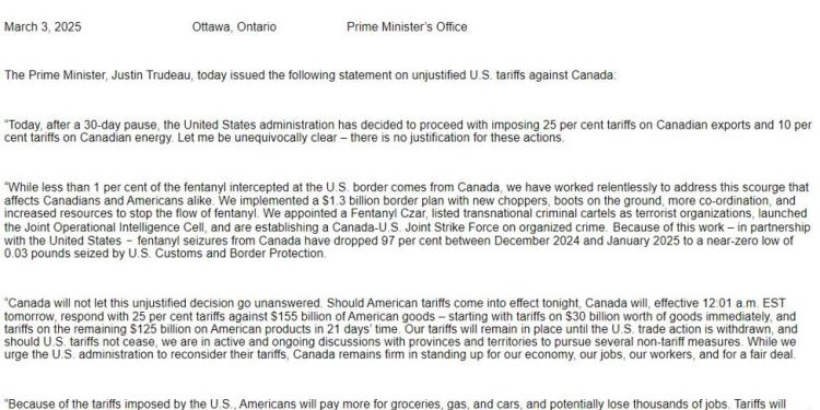 Canada confirms 25% retaliatory tariffs on US imports it Trump's imposts go into effect