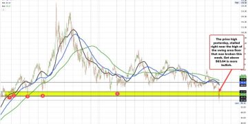 Crude oil futures settled $61.50. Key target near $63.64 held resistance this week