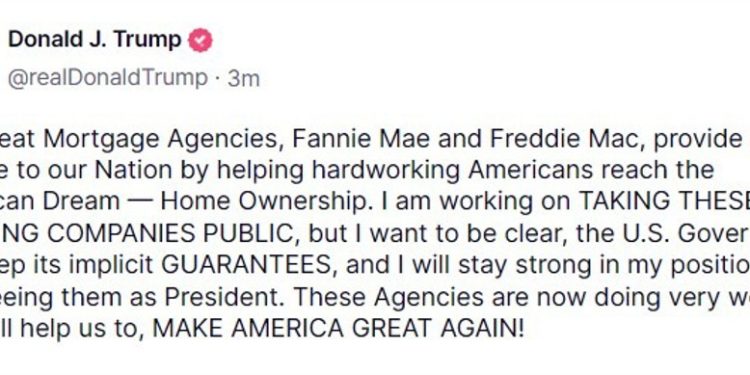 Trump says working on taking Fannie Mae and Freddie Mac public, implicit guarantees remain
