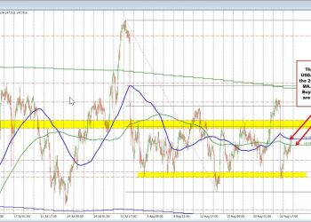 USDJPY stretches above 200 hour MA. Tests 100 hour MA.