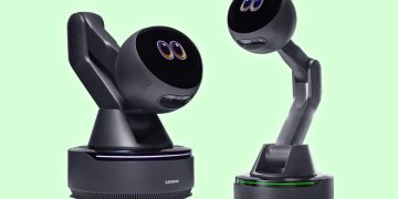 A robot arm with puppy dog eyes is one of Lenovo’s desktop AI concepts